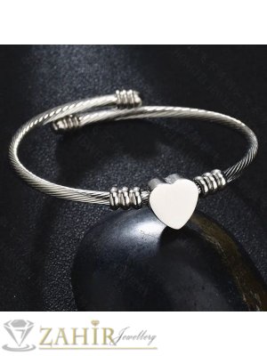 Висококачествена регулираща се класическа гривна, изчистен модел със сърце, хипоалергенна сребриста стомана  - G2235